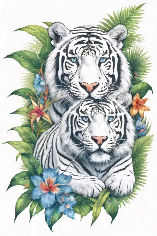  jungle background, tropical flowers, white male tiger, blue eyes, with 2 monkeys climbing on tiger tattoo design idea