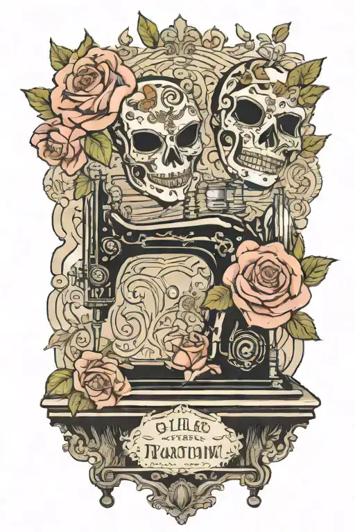 rose flowered background , two theater masks, one comedy and one tragedy, sitting above a vintage sewing machine tattoo design idea