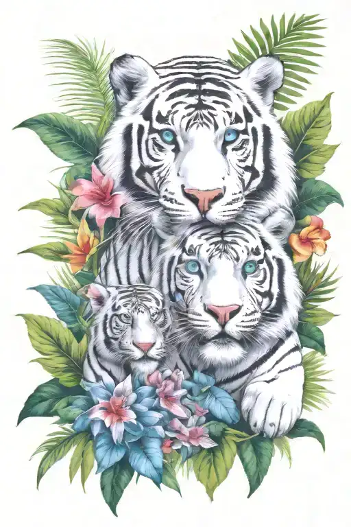  jungle background, tropical flowers, white male tiger, blue eyes, with 2 chimpanses climbing on tiger tattoo design idea