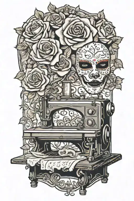 rose flowered background , a comedy theater mask, a tragedy theater mask, sitting above a vintage sewing machine tattoo design idea