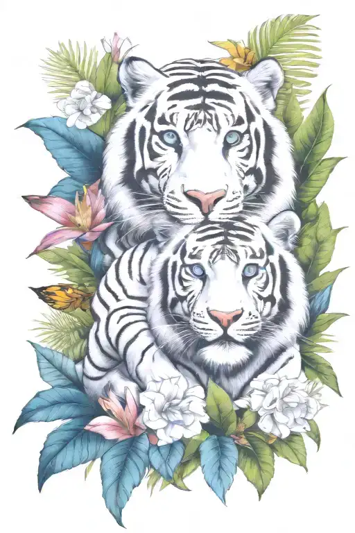  jungle background, tropical flowers, white male tiger, blue eyes, with 2 chimpanses climbing on tiger tattoo design idea
