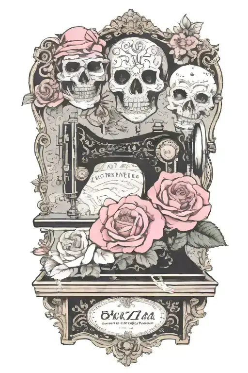 rose flowered background , two theater masks, one comedy and one tragedy, above a vintage sewing machine tattoo design idea