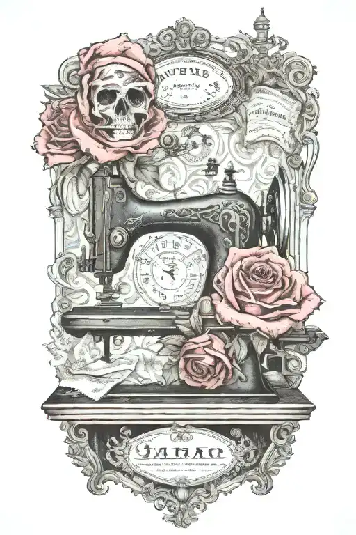 rose flowered background , two theater masks, one comedy and one tragedy, above a vintage sewing machine tattoo design idea