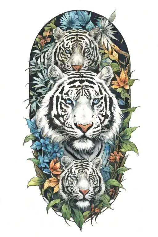 white male tiger, blue eyes like fire, watching  over two tiger cubs in a jungle background with tropical flowers tattoo design idea