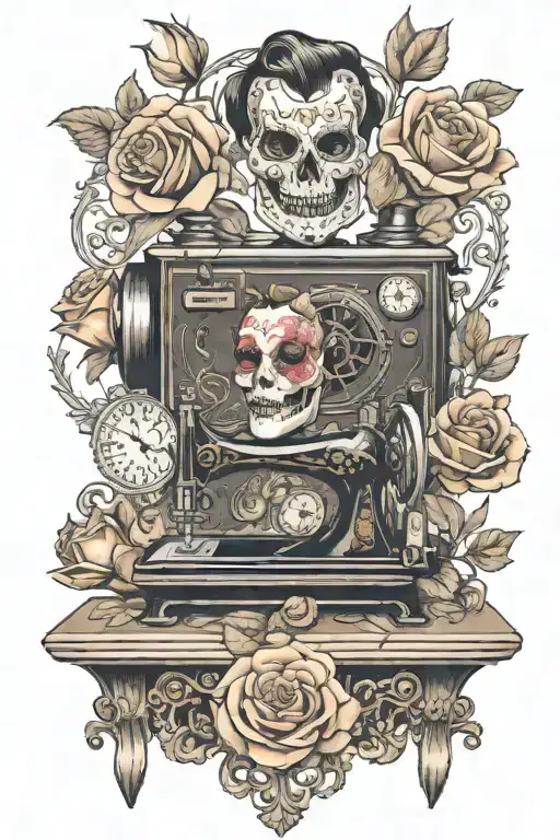 rose flowered background , two theater masks, one comedy and one tragedy, sitting above a vintage sewing machine tattoo design idea