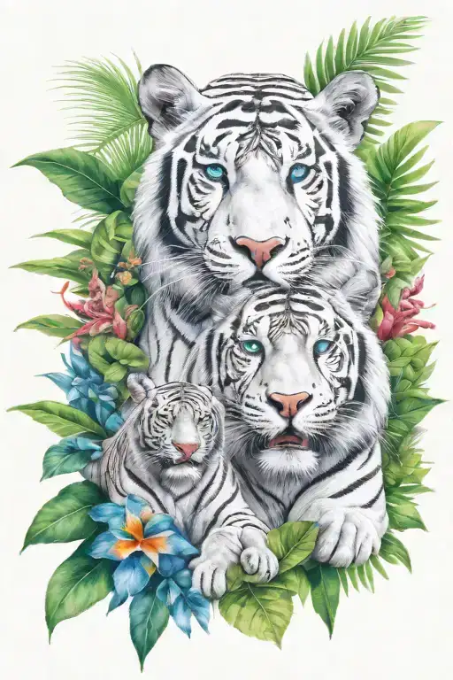  jungle background, tropical flowers, white male tiger with blue eyes, with two monkeys above the tiger tattoo design idea