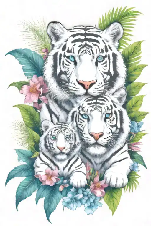  jungle background, tropical flowers, white male tiger, blue eyes, with 2 tiger cubs sitting in front tattoo design idea