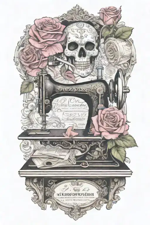 rose flowered background , two theater masks, one comedy and one tragedy, above a vintage sewing machine tattoo design idea