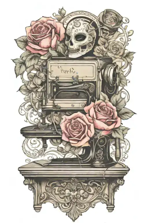 flowered roses background , one comedy theater mask, and one tragedy theater mask, above a vintage sewing machine tattoo design idea