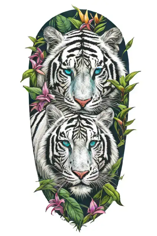 white male tiger, blue eyes, watching two tiger cubs, bluegreen eyes, jungle background with tropical flowers tattoo design idea