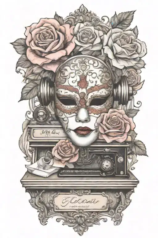 flowered roses background , one comedy theater mask, and one tragedy theater mask, above a 401-A sewing machine tattoo design idea