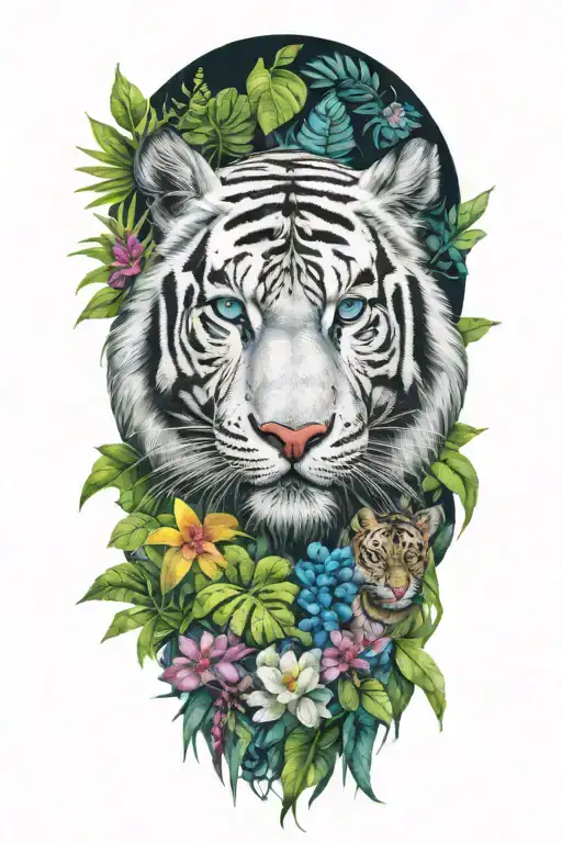 white male tiger, blue eyes like fire, watching two tiger cubs, blue-green eyes, jungle background with tropical flowers tattoo design idea