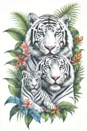  jungle background, tropical flowers, white male tiger, with 2 tiger cubs sitting in front tattoo design idea