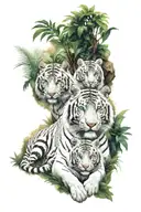  jungle background, white tiger, blue eyes, with 2 tiger cubs sitting in front tattoo design idea