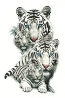  jungle background, white tiger, blue eyes, with 2 tiger cubs sitting in front tattoo design idea