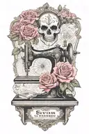 rose flowered background , a traditional comedy mask, and a traditional tragedy mask, above a vintage sewing machine tattoo design idea