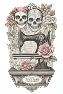rose flowered background , a traditional comedy mask, and a traditional tragedy mask, above a vintage sewing machine tattoo design idea