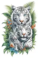  jungle background, tropical flowers, white male tiger, blue eyes, with 2 tiger cubs sitting in front tattoo design idea