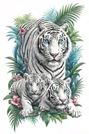  jungle background, tropical flowers, white male tiger, blue eyes, with 2 tiger cubs sitting in front tattoo design idea