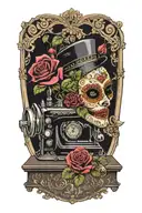 rose flowered background , comedy-theater mask, and a tragedy-theater mask, sitting above a vintage sewing machine tattoo design idea