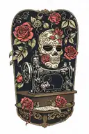 rose flowered background , comedy-theater mask, and a tragedy-theater mask, sitting above a vintage sewing machine tattoo design idea