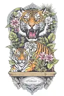 jungle background, tropical flowers behind a father tiger with two small tiger cubs, blue eyes tattoo design idea