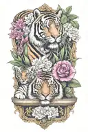 jungle background, tropical flowers behind a father tiger with two small tiger cubs, blue eyes tattoo design idea