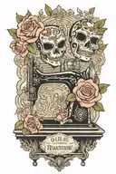 rose flowered background , two theater masks, one comedy and one tragedy, sitting above a vintage sewing machine tattoo design idea
