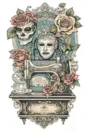 rose flowered background , two theater masks, one comedy and one tragedy, sitting above a vintage sewing machine tattoo design idea