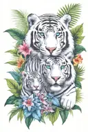  jungle background, tropical flowers, white male tiger, blue eyes, with 2 chimpanses climbing on tiger tattoo design idea