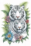  jungle background, tropical flowers, white male tiger, blue eyes, with 2 chimpanses climbing on tiger tattoo design idea