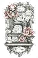 rose flowered background , two theater masks, one comedy and one tragedy, above a vintage sewing machine tattoo design idea