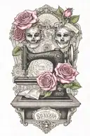 rose flowered background , two theater masks, one comedy and one tragedy, above a vintage sewing machine tattoo design idea