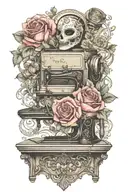 flowered roses background , one comedy theater mask, and one tragedy theater mask, above a vintage sewing machine tattoo design idea