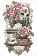 flowered roses background , one comedy theater mask, and one tragedy theater mask, above a vintage sewing machine tattoo design idea