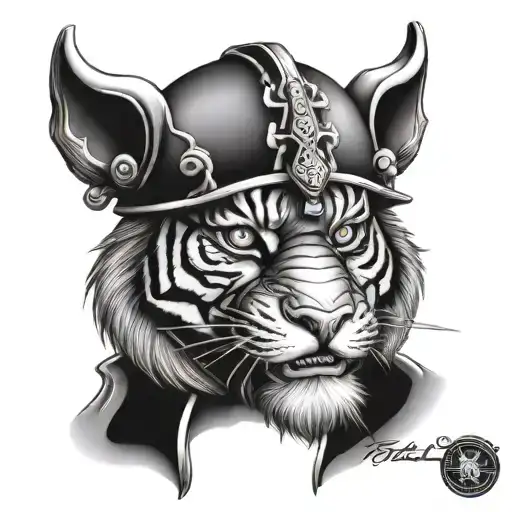 samurai mask and tiger face morphing tattoo design idea