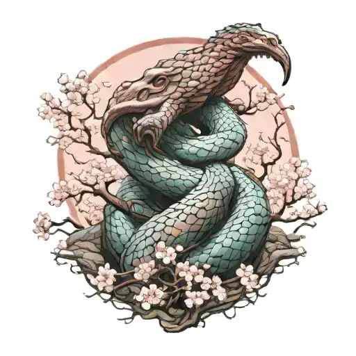 Jörmungandr wrapped around cherry blossom tree in the center of the earth in color tattoo design idea
