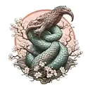 Jörmungandr wrapped around cherry blossom tree in the center of the earth in color tattoo design idea