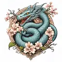 Jörmungandr wrapped around cherry blossom tree in the center of the earth in color tattoo design idea