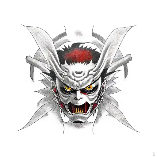 itachi, half broken demon mask, crows, signature stance tattoo design idea
