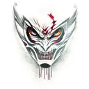 itachi, half broken demon mask, crows, signature stance tattoo design idea