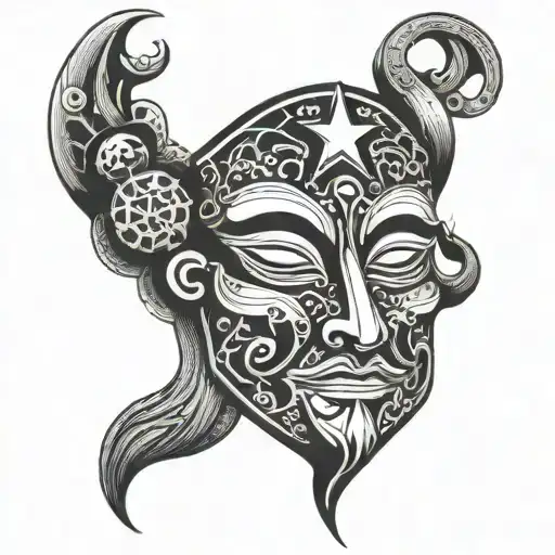 A mystical theatre mask adorned with astrological symbols, representing the client's passion for both theatre and astrology tattoo design idea