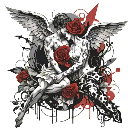 Angel and demon balance Flowers shadows blood tattoo design idea