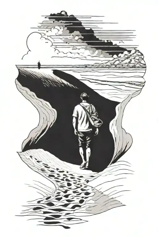 draw a sketch of a tattoo, a man in rags walking into the distance leaving footprints in the sand on the dunes in the de tattoo design idea