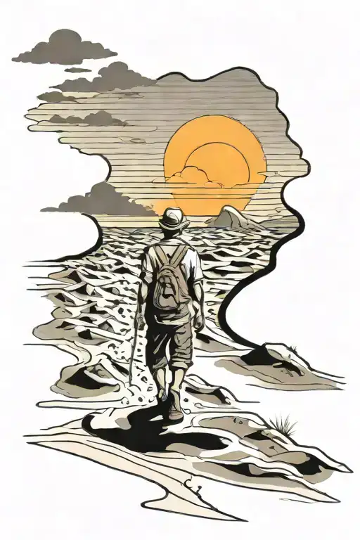 draw a sketch of a tattoo, a man in rags walking into the distance leaving footprints in the sand on the dunes in the de tattoo design idea