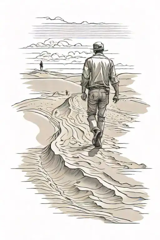 draw a sketch of a tattoo, a man in rags walking into the distance leaving footprints in the sand on the dunes in the de tattoo design idea