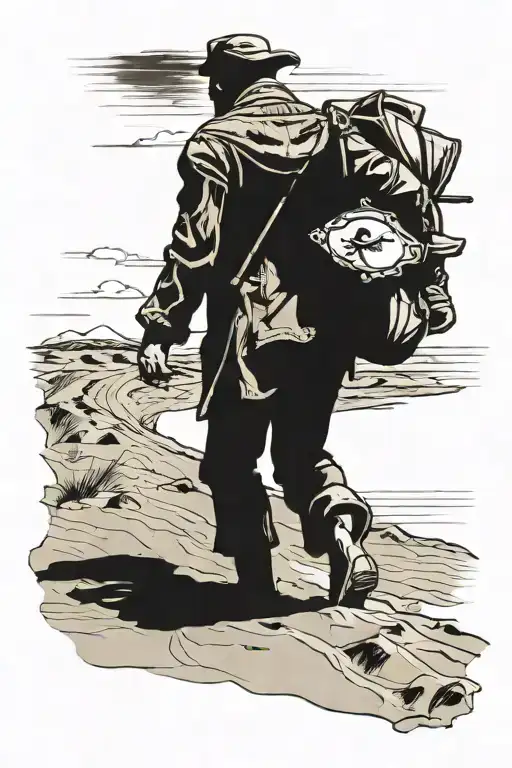 draw a sketch of a tattoo, a man in rags walking into the distance leaving footprints in the sand on the dunes in the de tattoo design idea