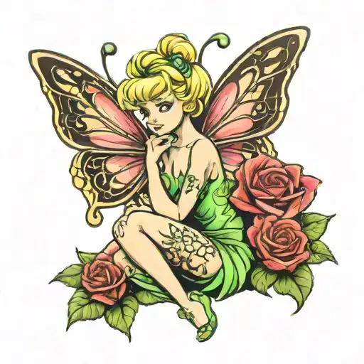 Tinkerbell sitting with rose, butterfly and 2 dragonflys tattoo design idea