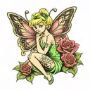 Tinkerbell sitting with rose, butterfly and 2 dragonflys tattoo design idea