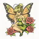 Tinkerbell sitting with rose, butterfly and 2 dragonflys tattoo design idea